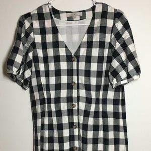 Anne Klein Plaid Button Down Short Sleeve Dress Lined Black and White Size 4